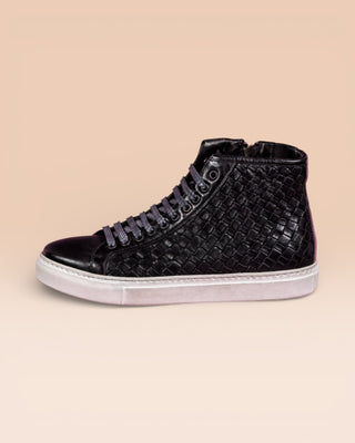 Side view of Raimondo 8393 unisex black woven leather high-top sneakers.