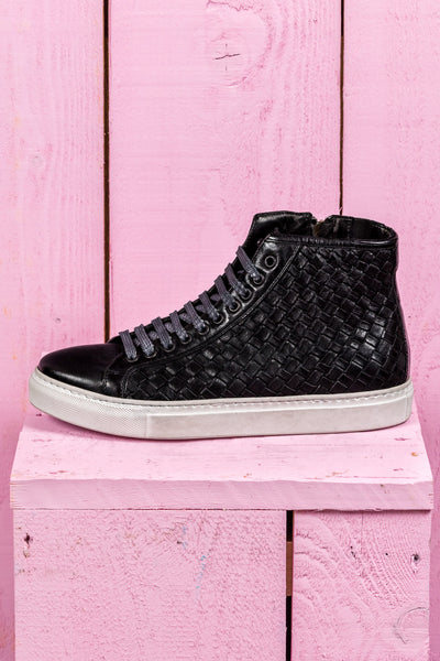 Side view of Raimondo 8393 unisex black woven leather high-top sneakers.
