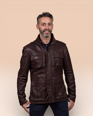 Brown Simone jacket by Benheart in garment-dyed lamb leather with four front flap pockets and shoulder details.