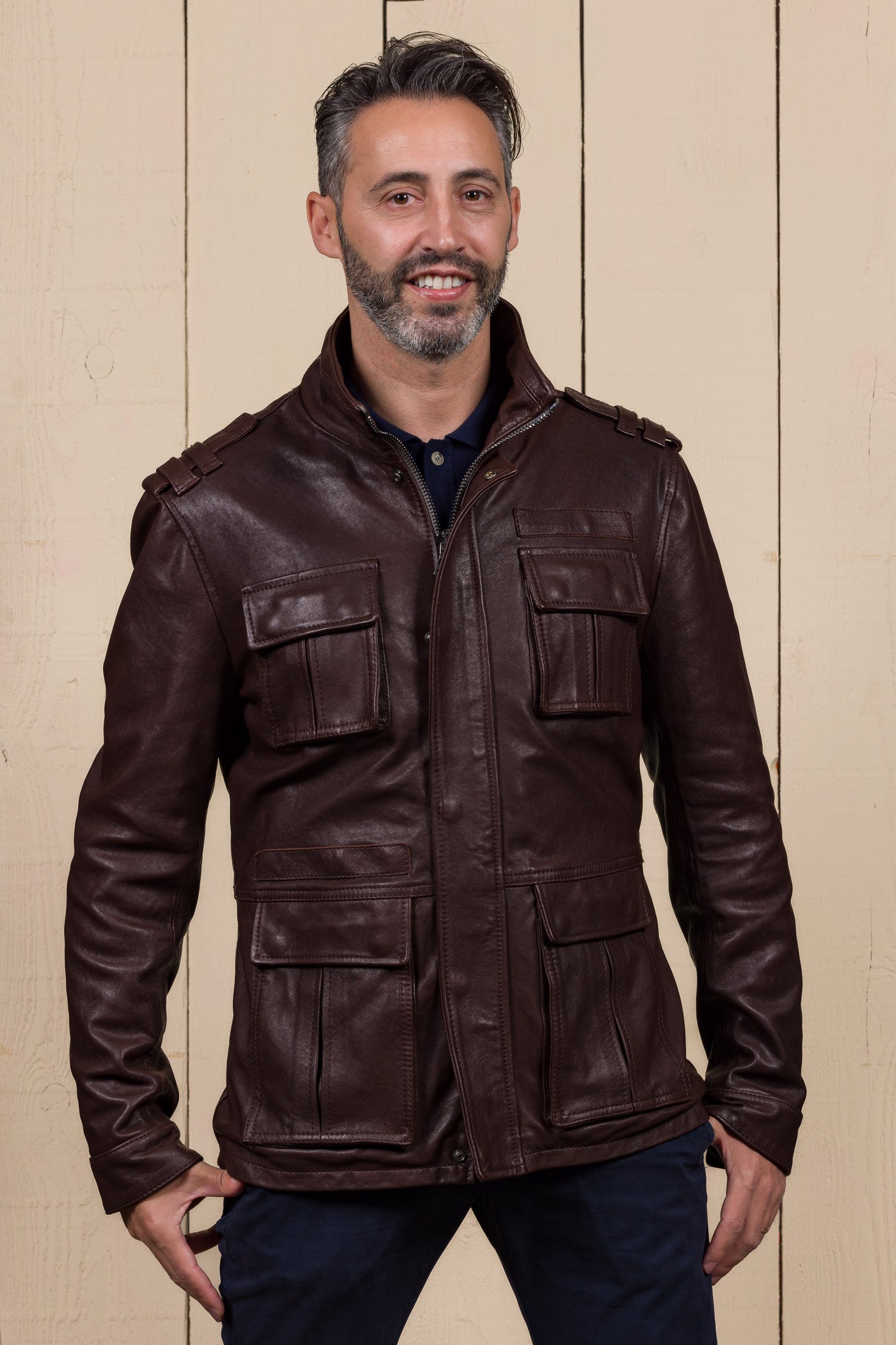Brown Simone jacket by Benheart in garment-dyed lamb leather with four front flap pockets and shoulder details.