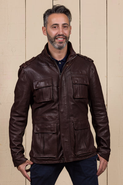 Brown Simone jacket by Benheart in garment-dyed lamb leather with four front flap pockets and shoulder details.