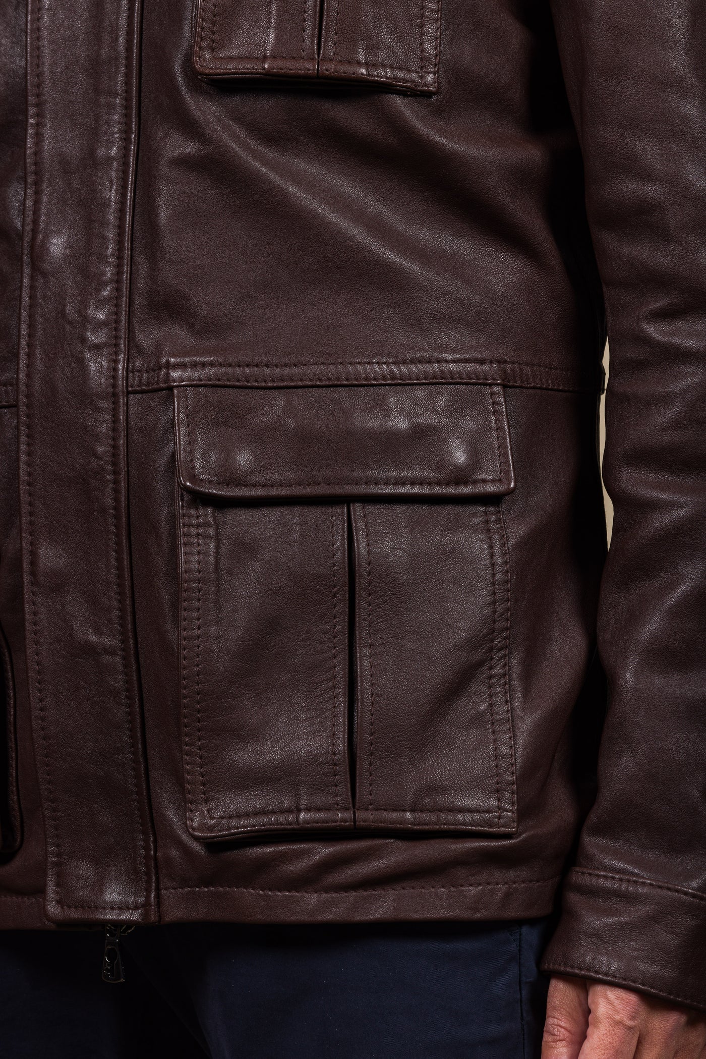 Close-up of the lower left front pocket of the Simone jacket by Benheart, handmade in Florence, Italy.