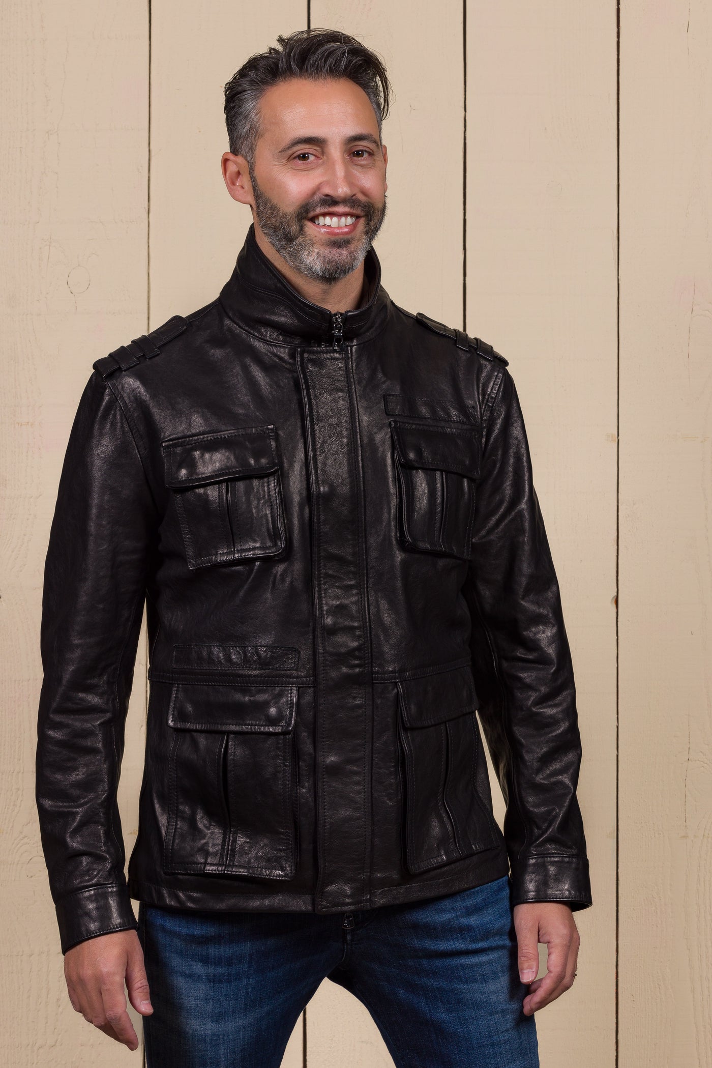 Black Simone jacket by Benheart in garment-dyed lamb leather with four front flap pockets and shoulder details.