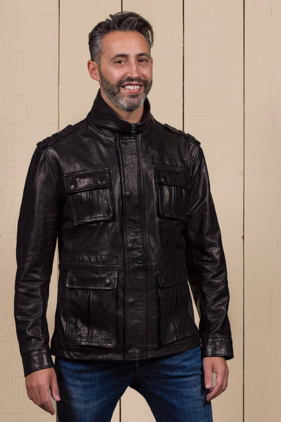 Black Simone jacket by Benheart in garment-dyed lamb leather with four front flap pockets and shoulder details.