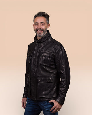 Front angled view of model wearing the Black Simone jacket by Benheart in leather, featuring four front flap pockets
