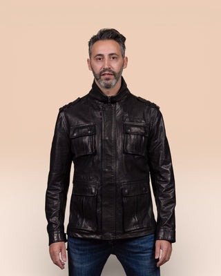 Front view of a model wearing the black Simone leather jacket by Benheart.