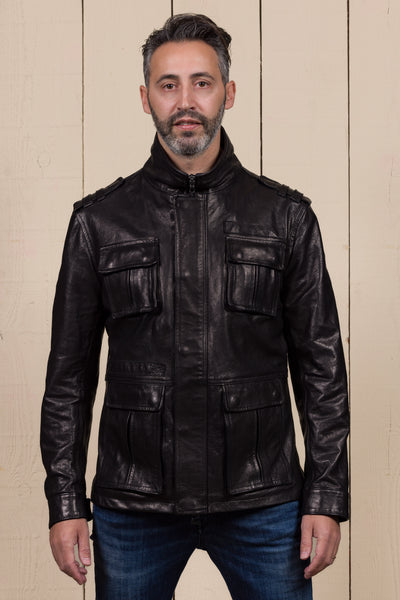 Front view of a model wearing the black Simone leather jacket by Benheart.