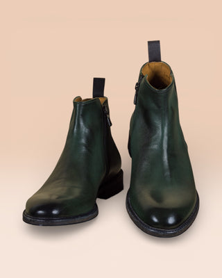 Front angled and top view of Suso men’s green leather Chelsea boots by Benheart.