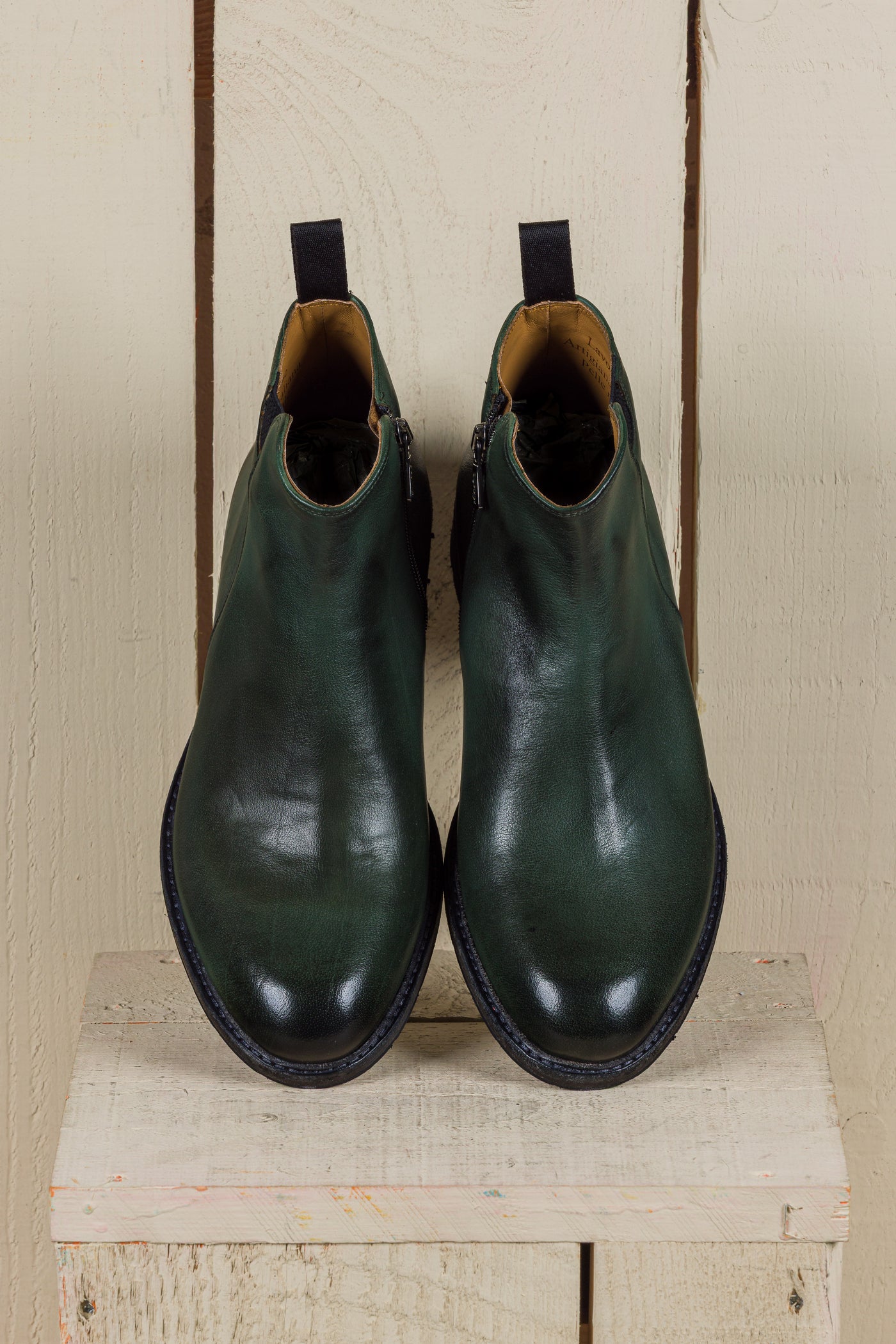Top view of Suso men’s green leather ankle boots, handcrafted in Italy by Benheart.