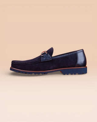 Side view of Benheart Tesi Q901 blue suede loafers with horsebit detail, handcrafted in Italy.