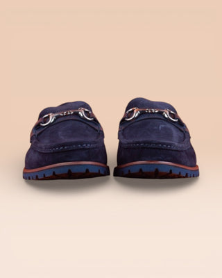 Front view of Tesi Q901 blue suede loafers with horse bit detail by Benheart