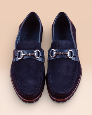 Top view of Benheart Tesi Q901 blue suede loafers with horsebit detail, handmade in Italy.