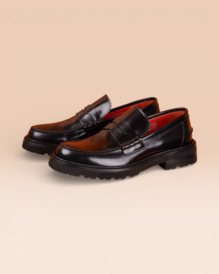 Benheart Toro Penny Loafer in polished cordovan leather, black, front angled view