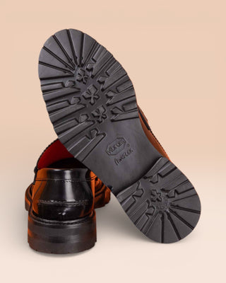 Benheart Toro Penny Loafers in polished cordovan leather, black, rear view showing Vibram sole.