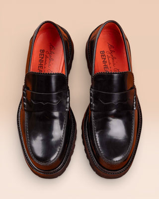 Benheart Toro Penny Loafer in polished cordovan leather, black, top view.