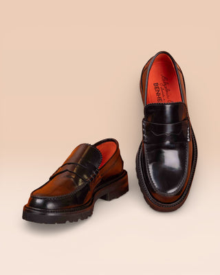 Benheart Toro Penny Loafer in polished cordovan leather, black, front angled and top view.