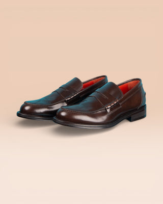 Benheart Toro Penny Loafer in polished cordovan leather, dark brown testa di moro, front angled view