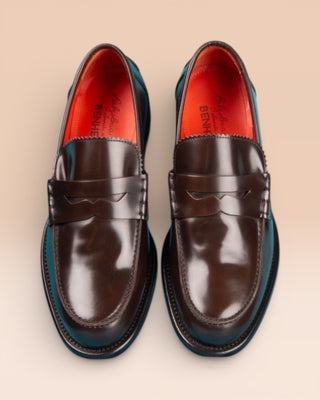 Benheart Toro Penny Loafer in polished cordovan leather, dark brown testa di moro, top view