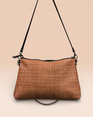 Benheart Violet Intrecciata leather brown handwoven leather bag, front view of the back, showing woven leather pattern, chain and leather shoulder strap, and zipper closure, luxury designer handbag for women.