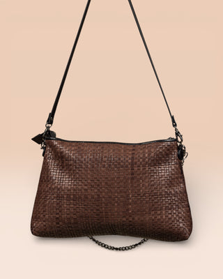 Benheart Violet Intrecciata brown handwoven leather bag, front view of the back, showing woven leather pattern, chain and leather shoulder strap, and zipper closure, luxury designer handbag for women.