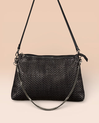 Benheart Violet Intrecciata black handwoven leather bag, front view of the back, showing woven leather pattern, chain and leather shoulder strap, and zipper closure, luxury designer handbag for women.