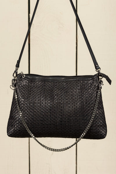 Benheart Violet Intrecciata black handwoven leather bag, front view of the back, showing woven leather pattern, chain and leather shoulder strap, and zipper closure, luxury designer handbag for women.
