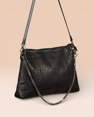 Benheart Violet Intrecciata black handwoven leather bag, three-quarter rear view, woven leather pattern, chain and leather shoulder strap, zipper closure, luxury designer handbag for women.