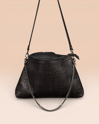 Benheart Violet Intrecciata black handwoven leather bag, front view of the back with open zipper showing interior, woven leather design, chain and leather shoulder strap, luxury designer handbag for women.