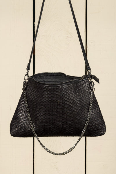 Benheart Violet Intrecciata black handwoven leather bag, front view of the back with open zipper showing interior, woven leather design, chain and leather shoulder strap, luxury designer handbag for women.