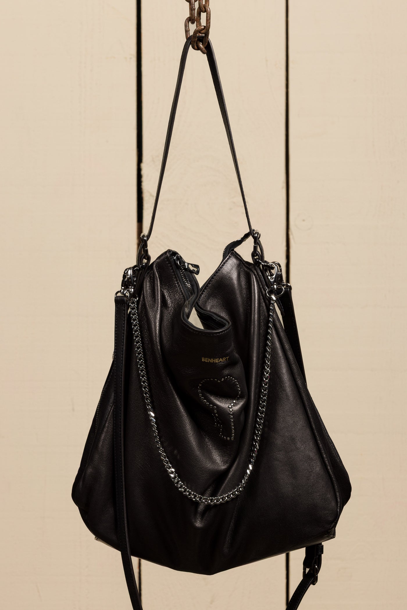 Front view of Venice Logo black leather bag by Benheart.