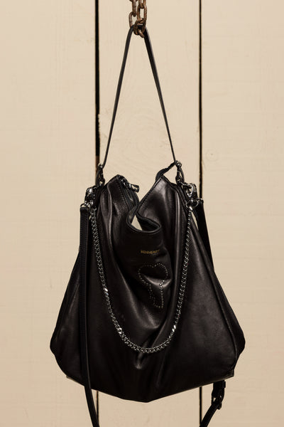 Front view of Venice Logo black leather bag by Benheart.