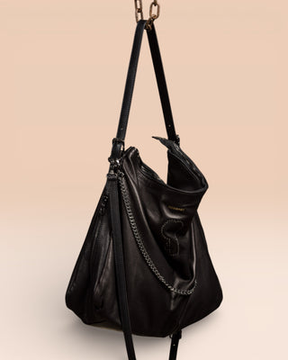 Front angled view of Venice Logo black leather bag by Benheart, handcrafted in Florence, Italy.