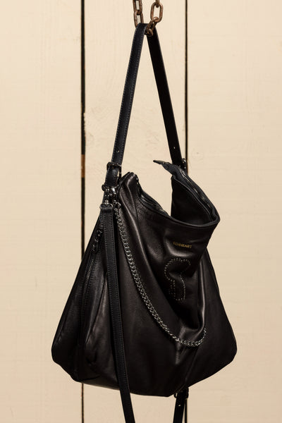 Front angled view of Venice Logo black leather bag by Benheart, handcrafted in Florence, Italy.