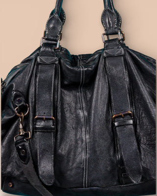 Close up view of the Benheart Viaggio unisex black leather travel bag.