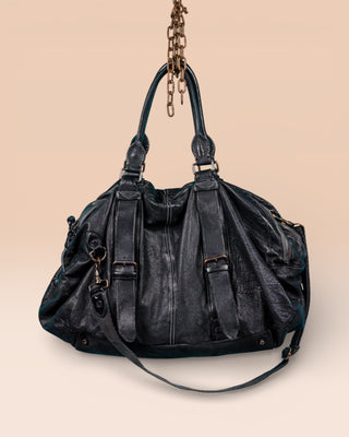 Side profile view of the Benheart Viaggio unisex black leather travel bag.