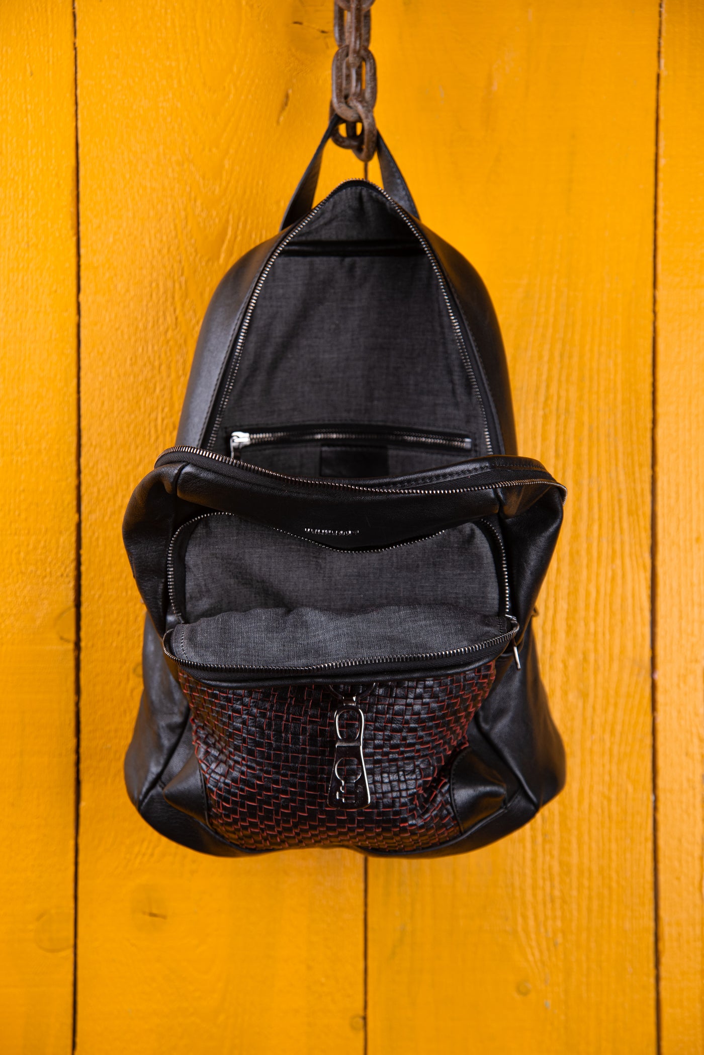 Zoe women’s backpack with black and red weave by Benheart, interior.