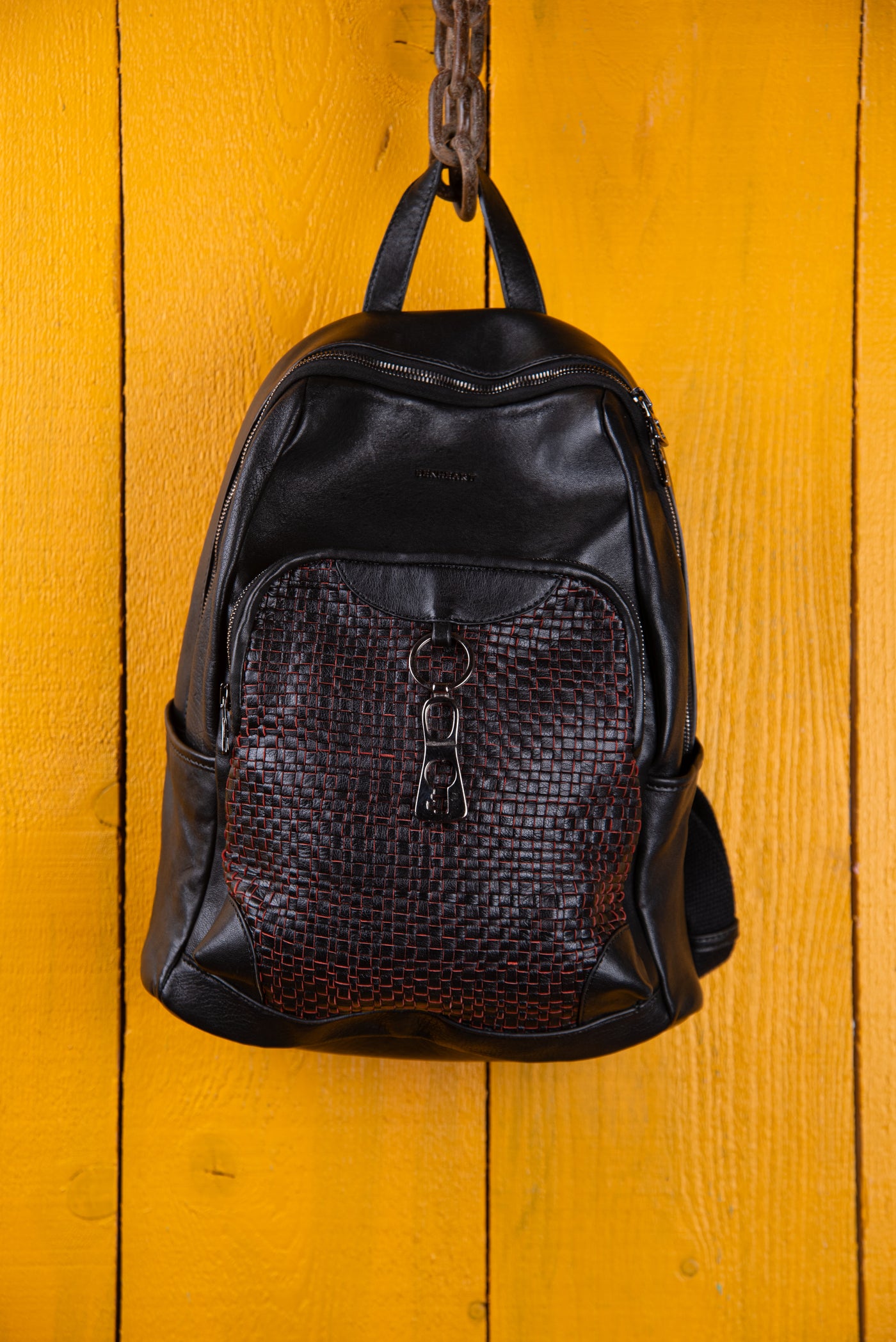 Zoe women’s backpack with black and red weave by Benheart, front view.