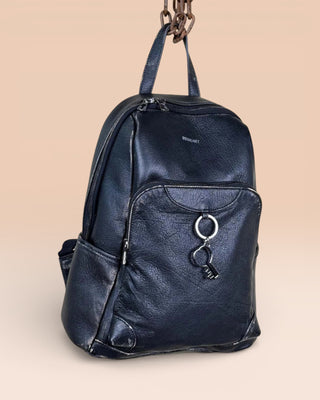 Benheart Zoe Special women’s black and beige leather backpack, front angled view with front pockets and Benheart logo
