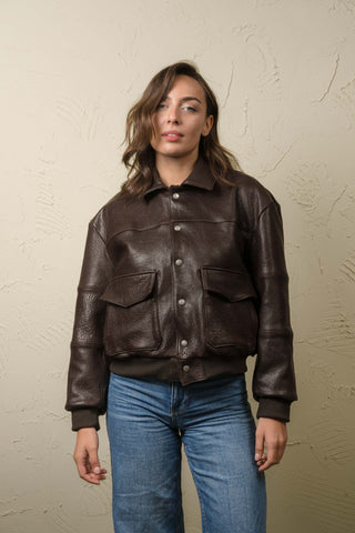 Women's dark brown New Zealand lambskin leather bomber jacket, Hajar, closed, front view