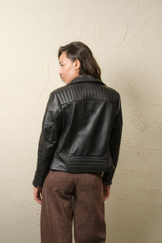 Back of the Kelly women’s lambskin leather biker jacket with quilted shoulder panels and quilted hem detail