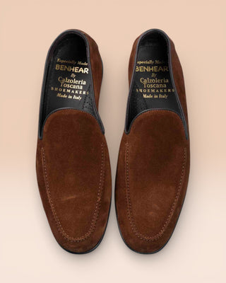 Benheart Kuma rust suede loafers showing inner lining and vamp shape, top view.