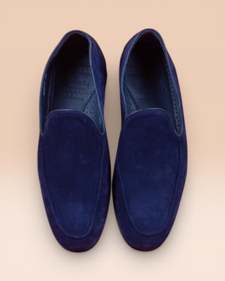 Benheart Kuma blue suede Venetian loafers showing inner lining and vamp shape, top view.