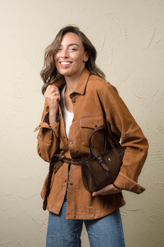 Steve nubuck leather shirt jacket belted at the waist with a braided leather belt