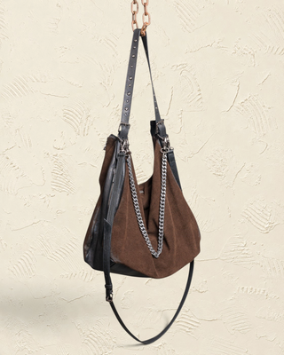 Borsa a spalla Benheart | Made in Italy, Made with Heart in camoscio marrone e pelle nera con dettagli a catena