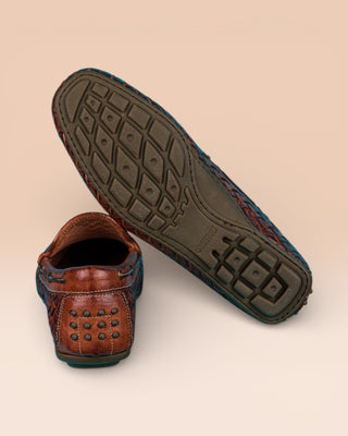 Benheart Paci A748 cocker woven leather driving moccasins, front angled and top view.