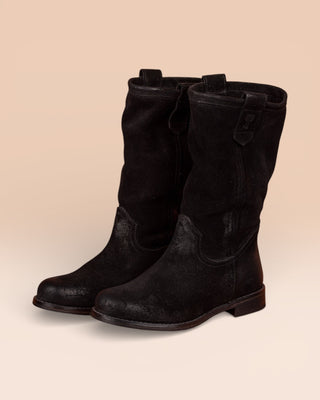 Benheart Agnese 5555 women’s black suede leather boots, front angled view.