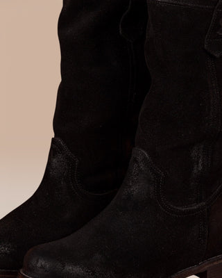 Benheart Agnese 5555 women’s black suede leather boots, close up view.