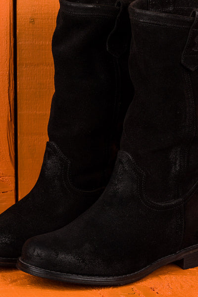 Benheart Agnese 5555 women’s black suede leather boots, close up view.