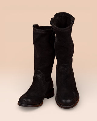 Benheart Agnese 5555 women’s black suede leather boots, front angled and top view.