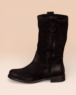 Benheart Agnese 5555 women’s black suede leather boots, side view.
